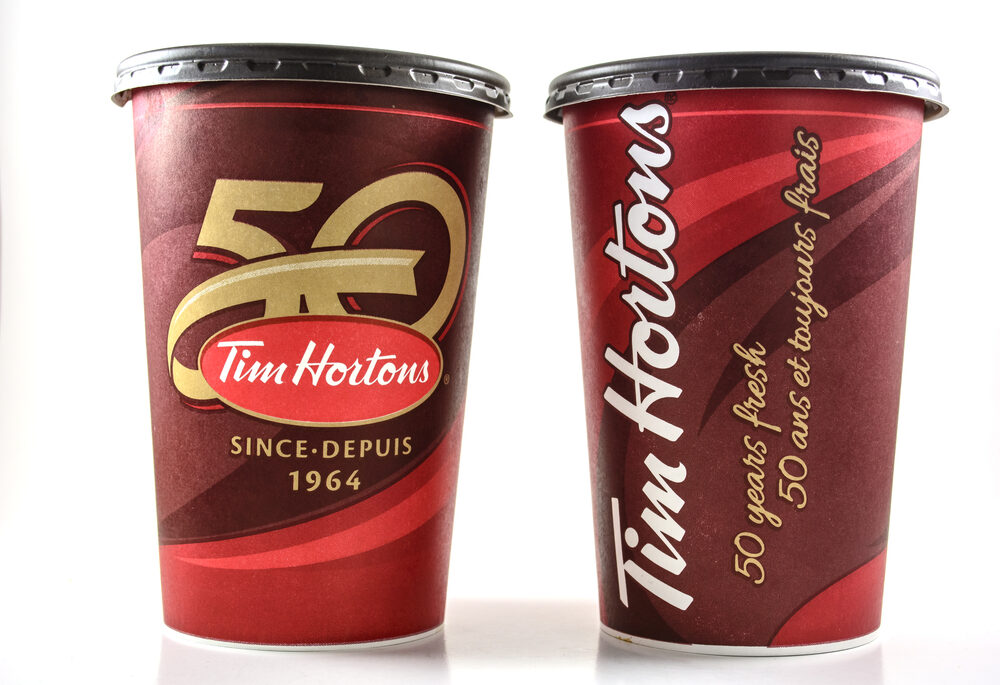 Red Tim Hortons cups celebrating 50 years.