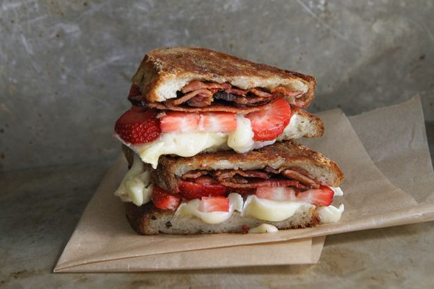 Brie bacon and strawberry grilled cheese sandwich