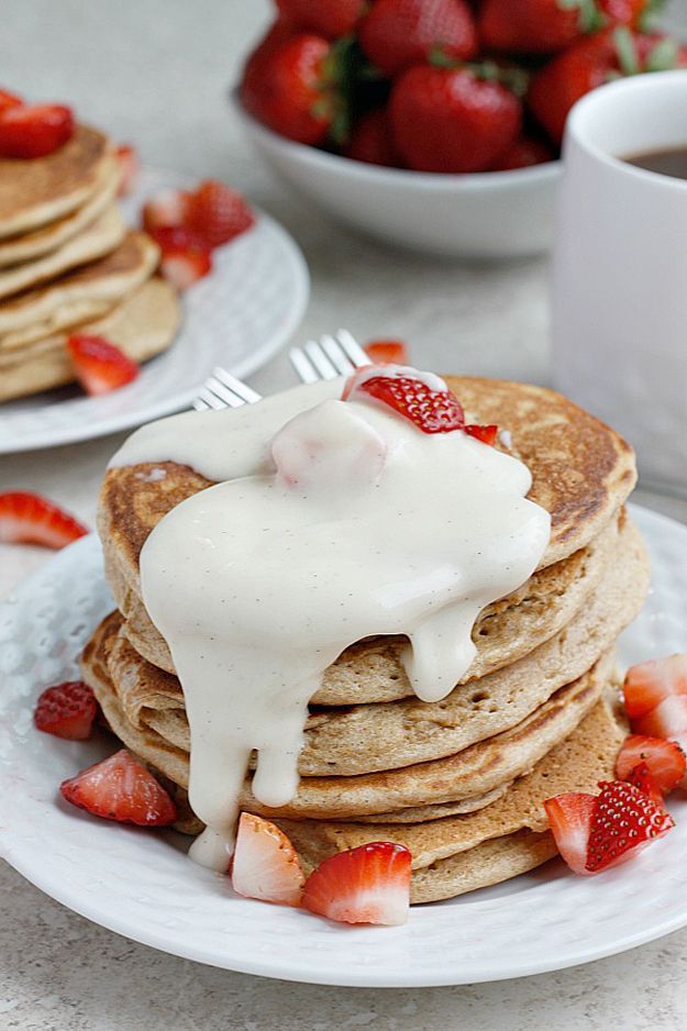Strawberry pancakes with vanilla bean mascarpone syrup