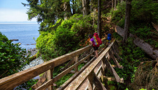 Woman standing on a bridge along the Juan de Fuca Trail, Vancouver Island, B.C.