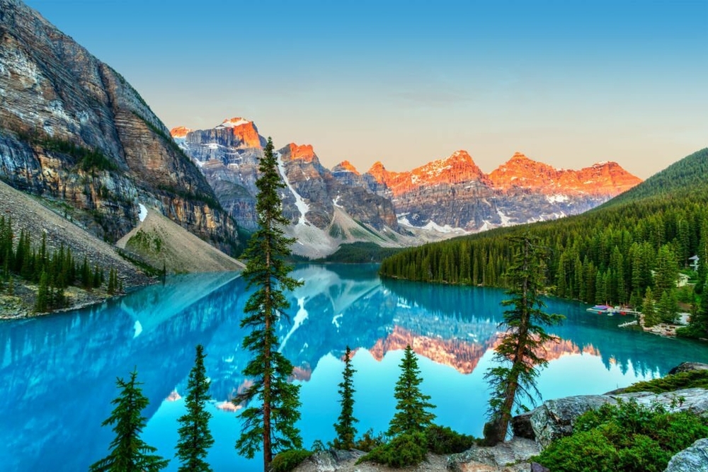 Sunrise over the Valley of the Ten Peaks near Moraine Lake, Banff, Alberta, Canada.