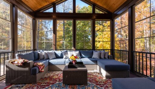 Screened in porch with large windows, a vaulted roof, and a large sectional.