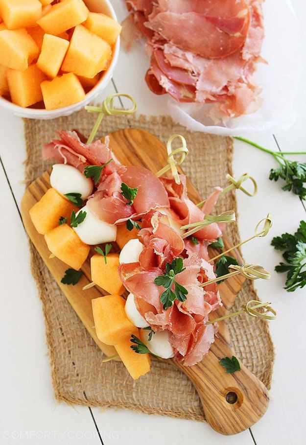 Cantaloupe, Prosciutto and Mozza Skewers