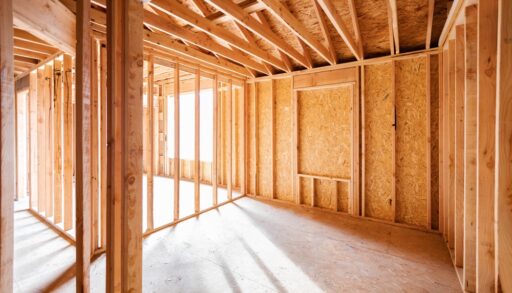 Unfinished house with open, wood framing.