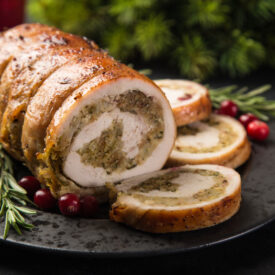 Close-up of a stuffed turkey roll.