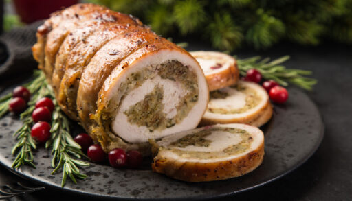 Close-up of a stuffed turkey roll.