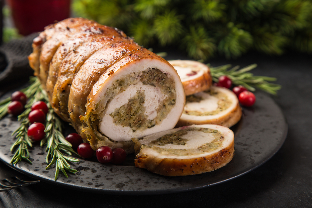 Close-up of a stuffed turkey roll.