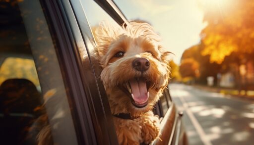 Close-up of a happy dog with its head out a car window.