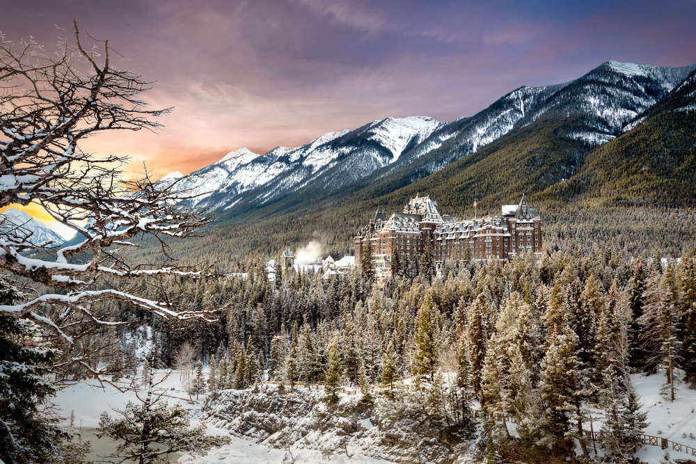 The Fairmont Springs Hotel during winter in Banff National Park, Alberta.