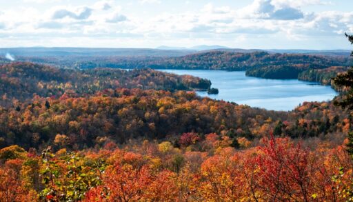 View of Lake Stukely on an autumn day in Mont Orford National Park, Quebec.