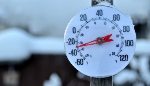 Outdoor thermometre showing temperatures close to minus 40 degrees Celsius.