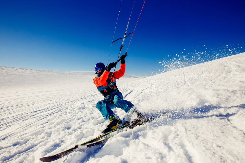 Close-up of a skier with a snow kite.