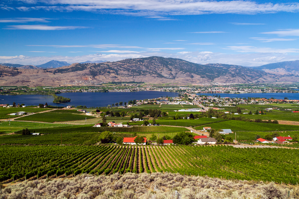 View of the small town of Osoyoos, British Columbia on a sunny day.