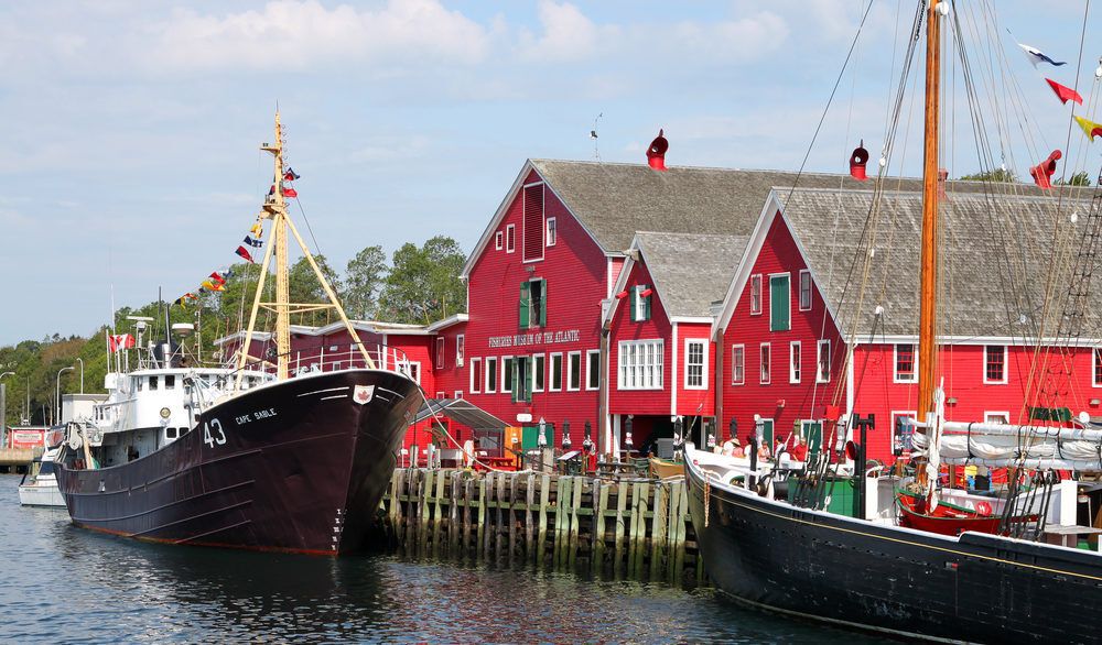 Red buildings along the Lunenberg harbour in Nova Scotia.