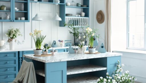 Cottage kitchen with blue cabinets and white, wood panelling.