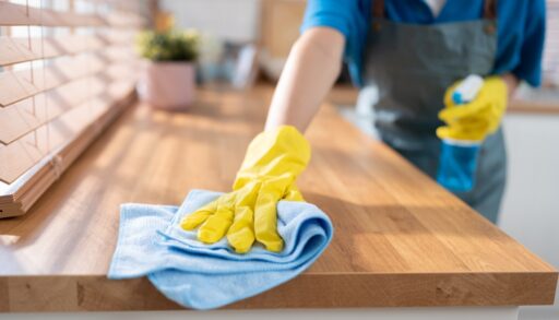 Close-up of a person wearing yellow rubber gloves cleaning a wooden countertop with a blue cloth.