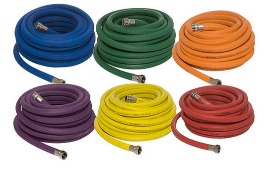 Brightly coloured garden hoses