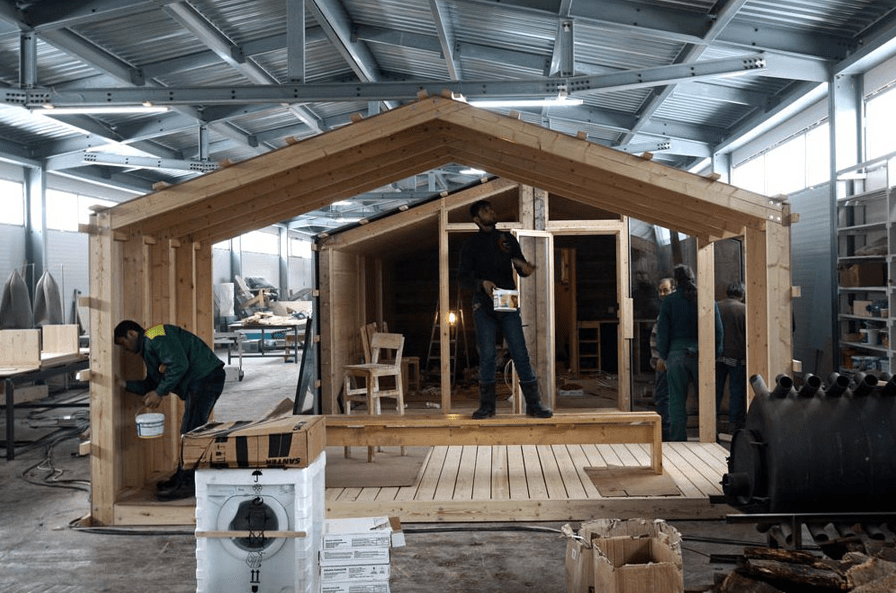 The cabin being constructed