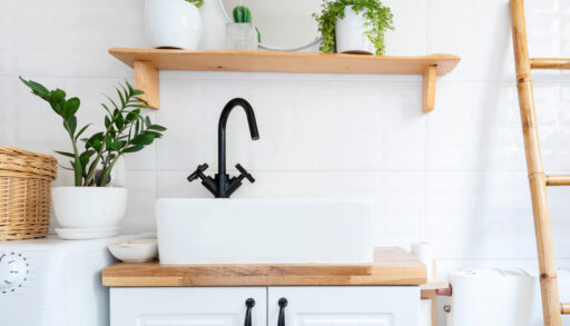 Small, white bathroom with a farmhouse sink, wooden shelving and plants.