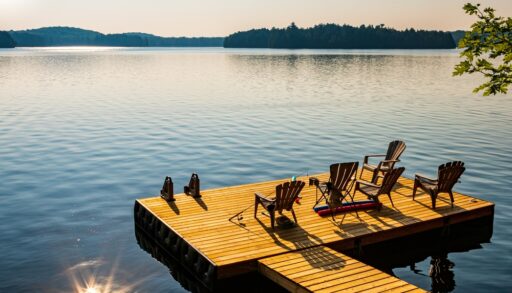 Wooden dock on a lake with Muskoka chairs.