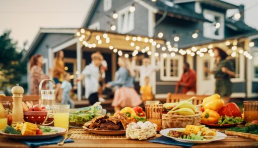 Close-up of an outdoor table with food with a house and group of people in the background.