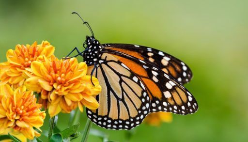 Close-up of a monarch butterfly on a yellow flower.
