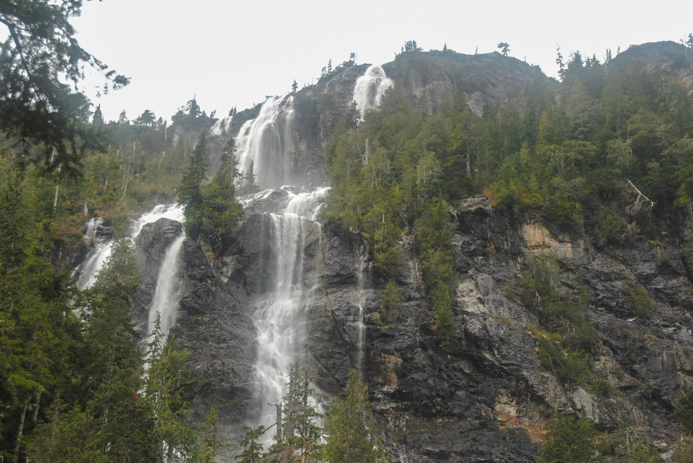 Della Falls on a cloudy day in Strathcona Provincial Park, British Columbia.