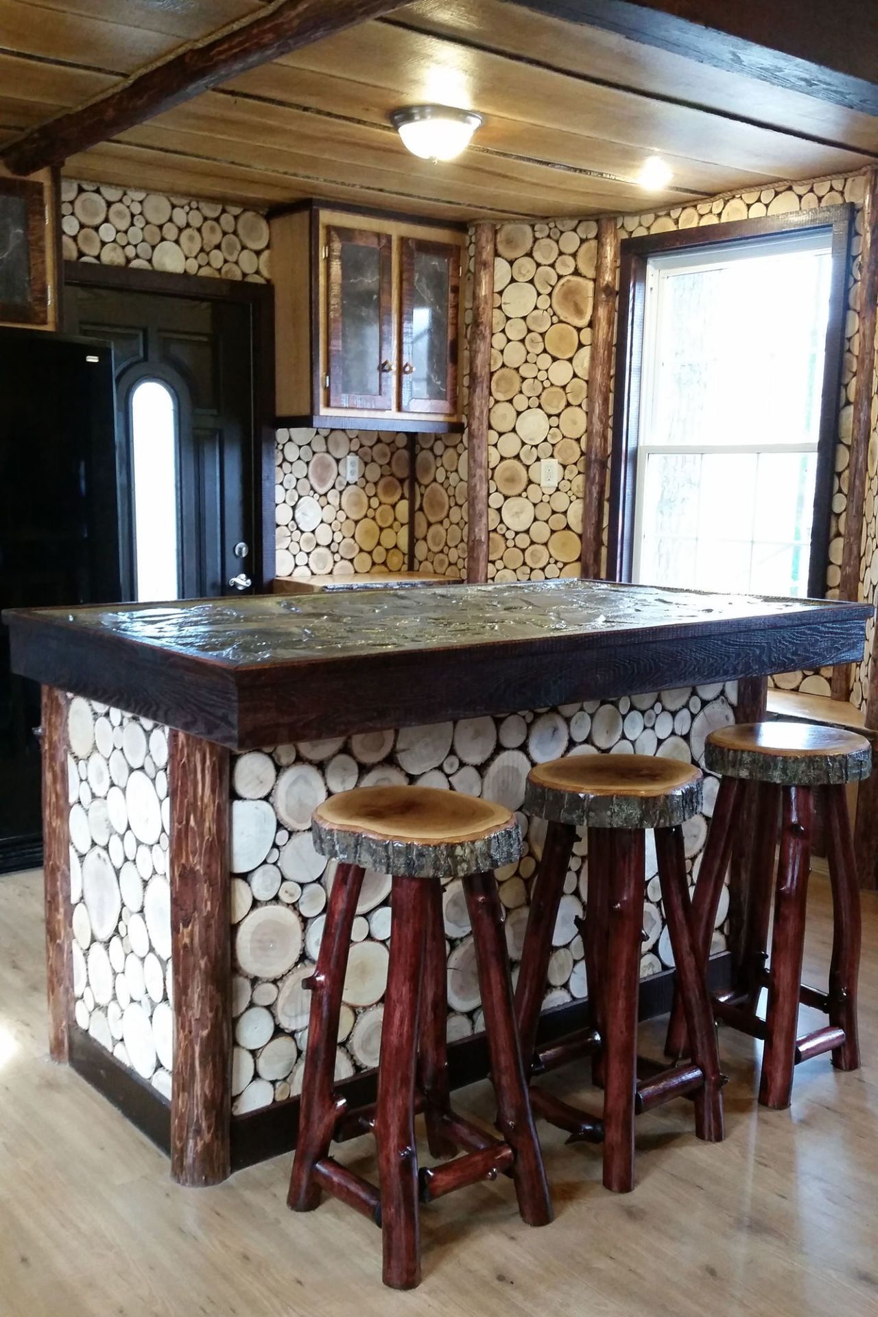 A close-up of the handmade wooden details.