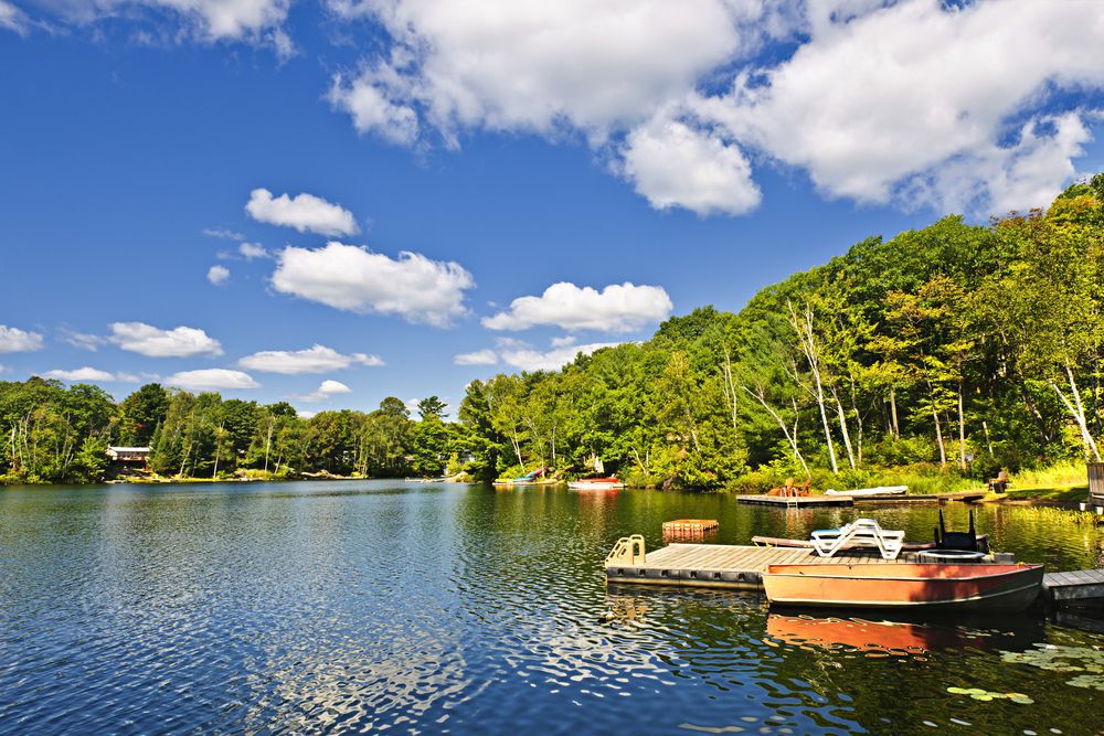 Lake with docks in Ontario cottage country.