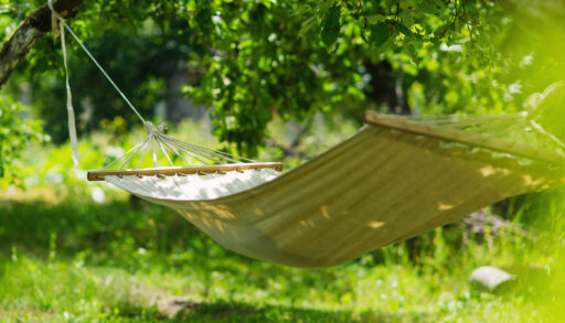 White hammock hanging in a green garden.