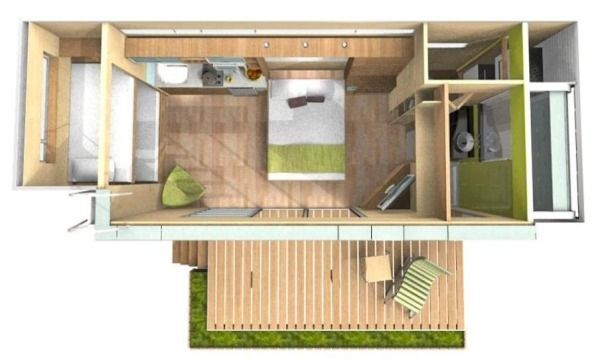 The model floor plan of the shipping container tiny house.