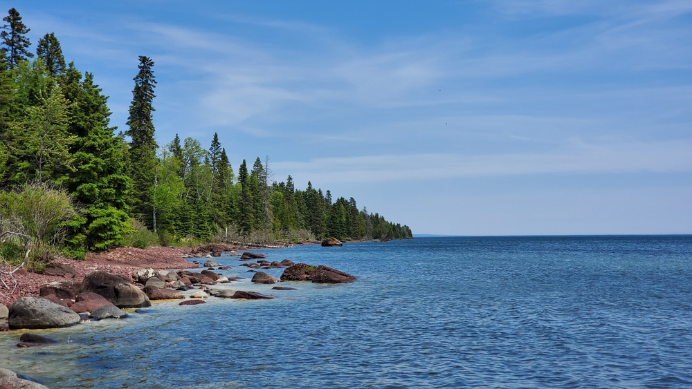 The shoreline of Isle Royale National Park on Lake Superior in Michigan, United States.