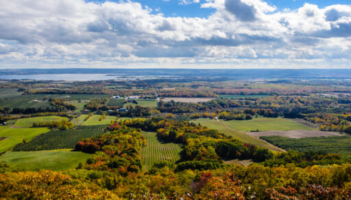 Aerial view of a green, red and orange landscape in the Annapolis Valley, Halifax, Nova Scotia.