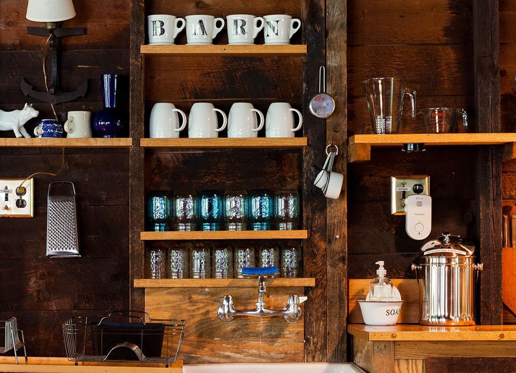 A close-up of the kitchen wall in the restored barn.