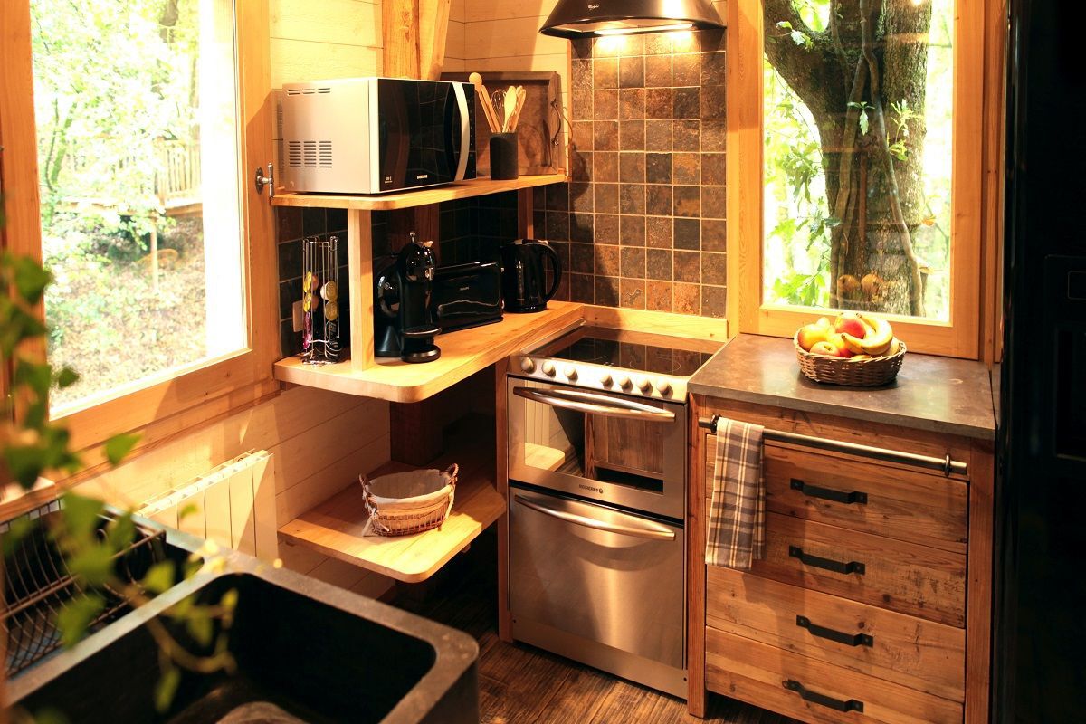 A view of a kitchen in one of the castle tree houses.