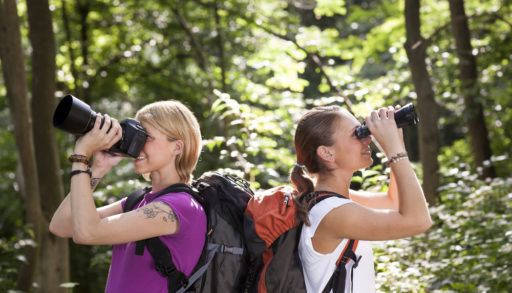 Two women looking through binoculars and a camera while birdwatching.