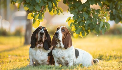 Two hound dogs sit under a leafy, green tree.