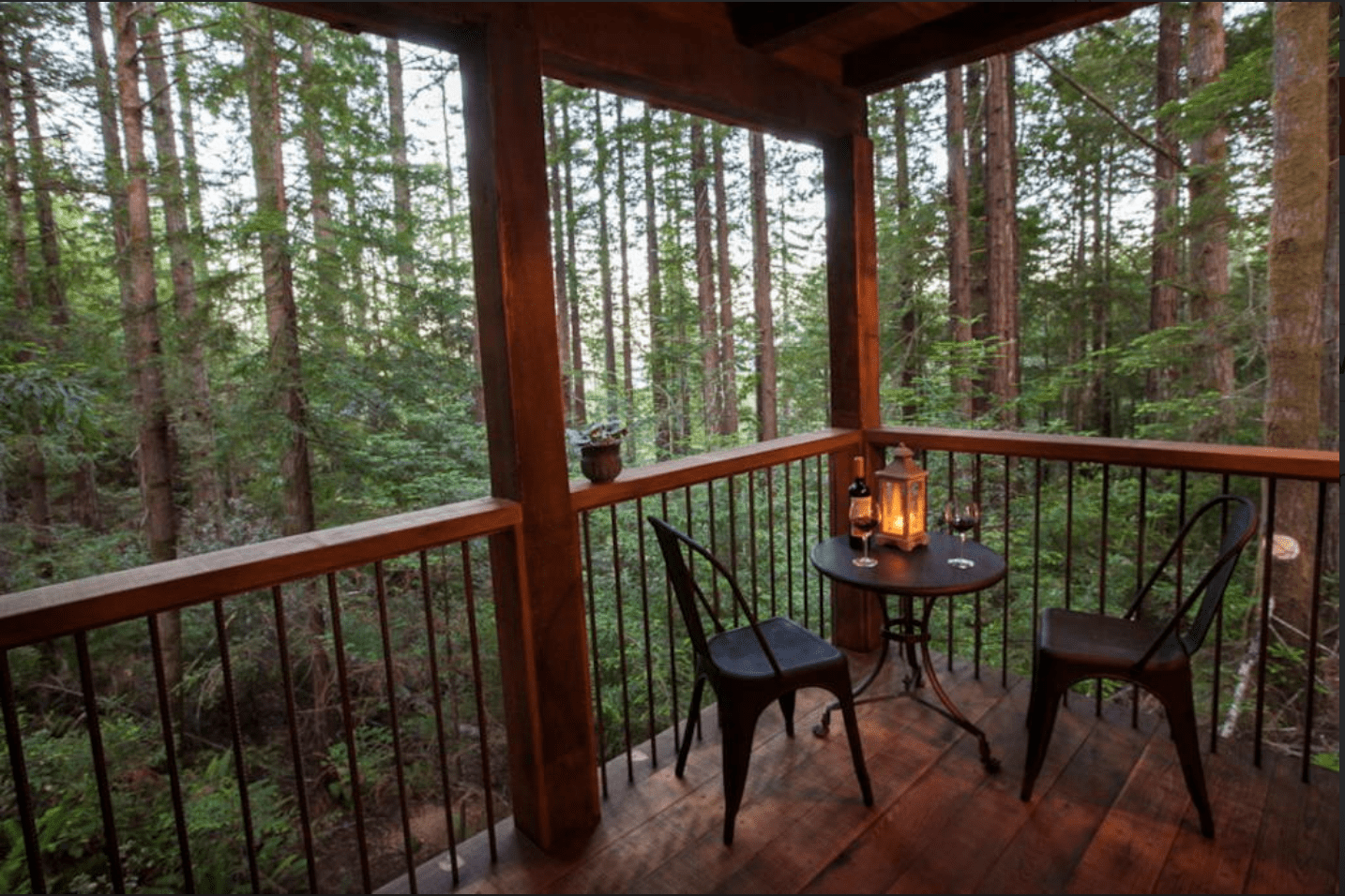 A view of Owl Tree cabin's balcony deck.