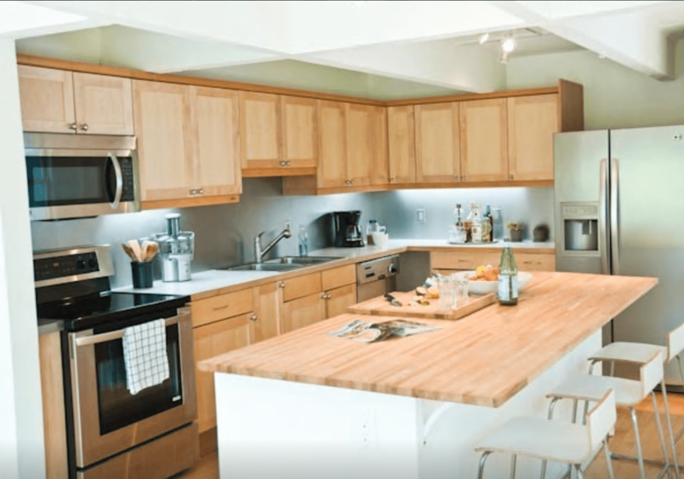 A view of the kitchen in the restored barn.