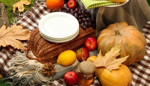 Pumpkins and apples next to a brown picnic basket on a brown-checkered blanket.