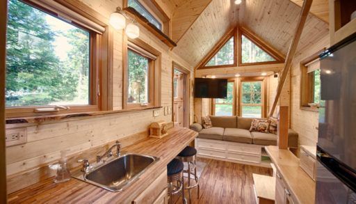 The kitchen and living room in the tiny cabin.