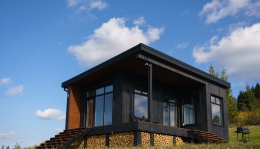 Exterior of a black, modern tiny home.
