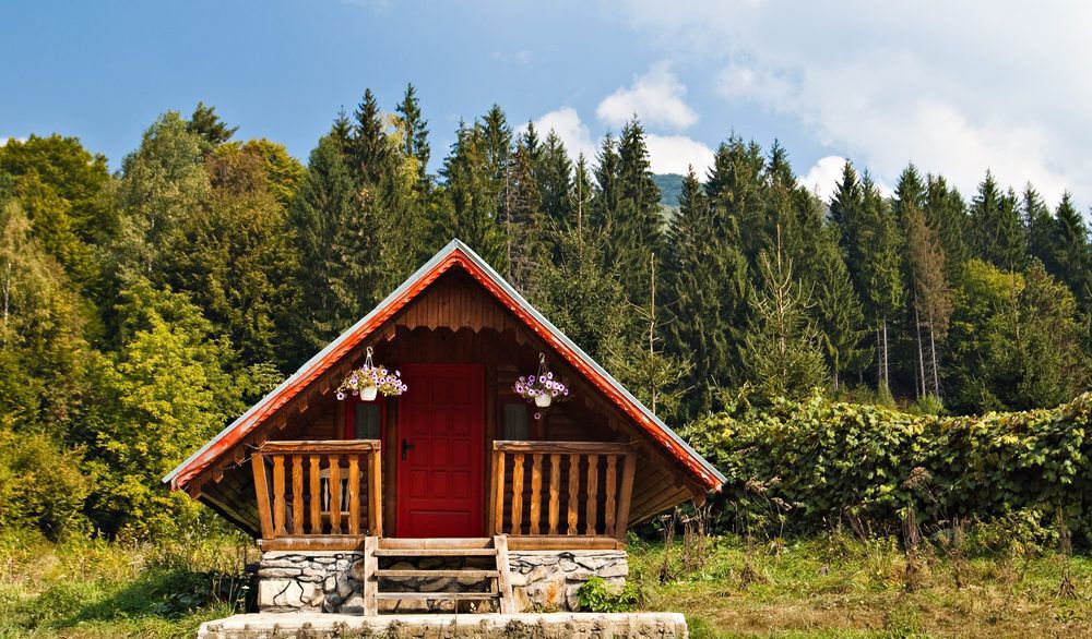 A small, wooden cabin surrounded by trees on a sunny day.