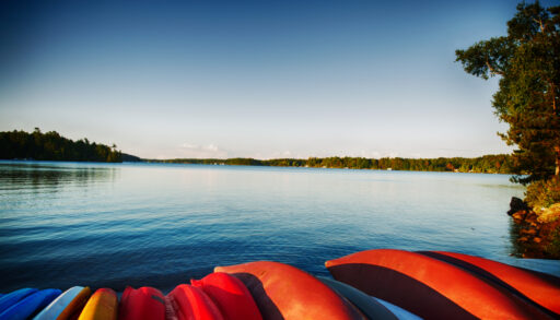 Red and blue canoes lined up along the shore of Lake Rousseau, Ontario.