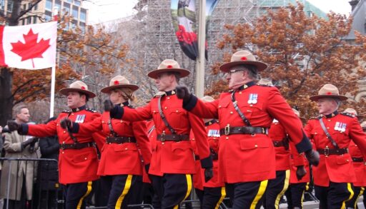 Canadian Mounties marching in a Remembrance Day parade in Ottawa, Ontario.