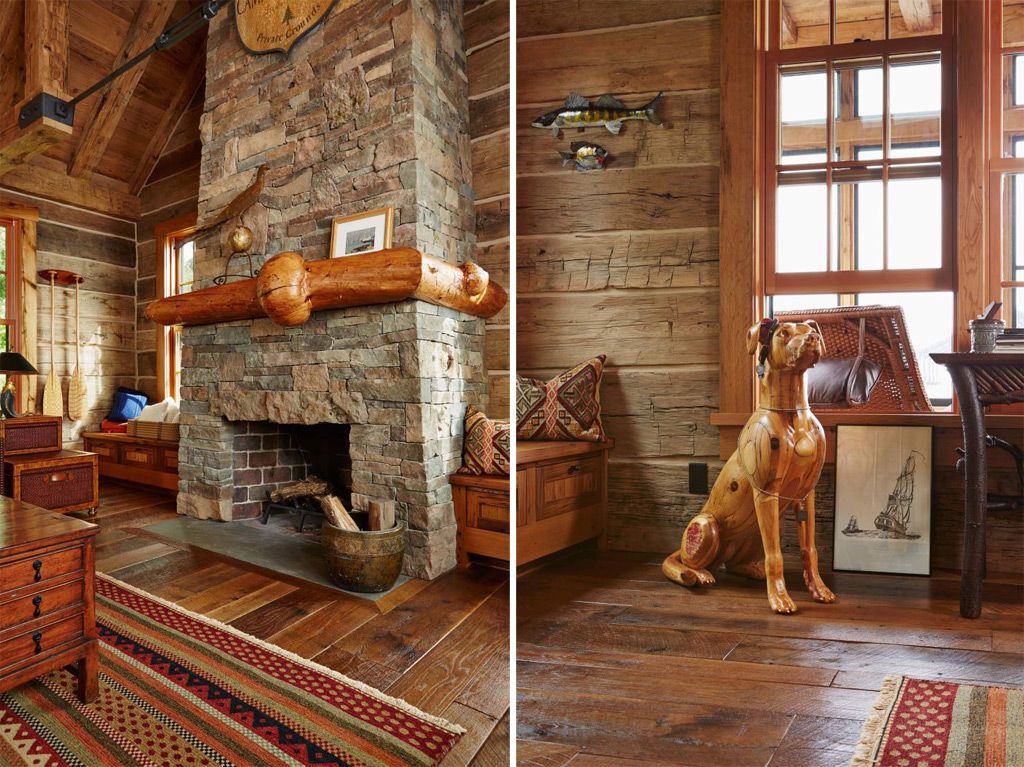 The fireplace and statement pieces in the boathouse.