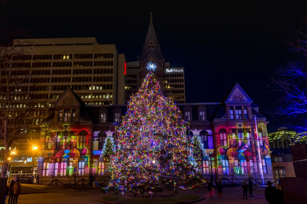 A Christmas tree and lights on City Hall in Halifax, Nova Scotia.