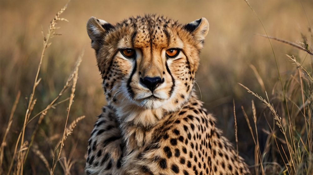 Close-up of a cheetah sitting in a field of brown grass.