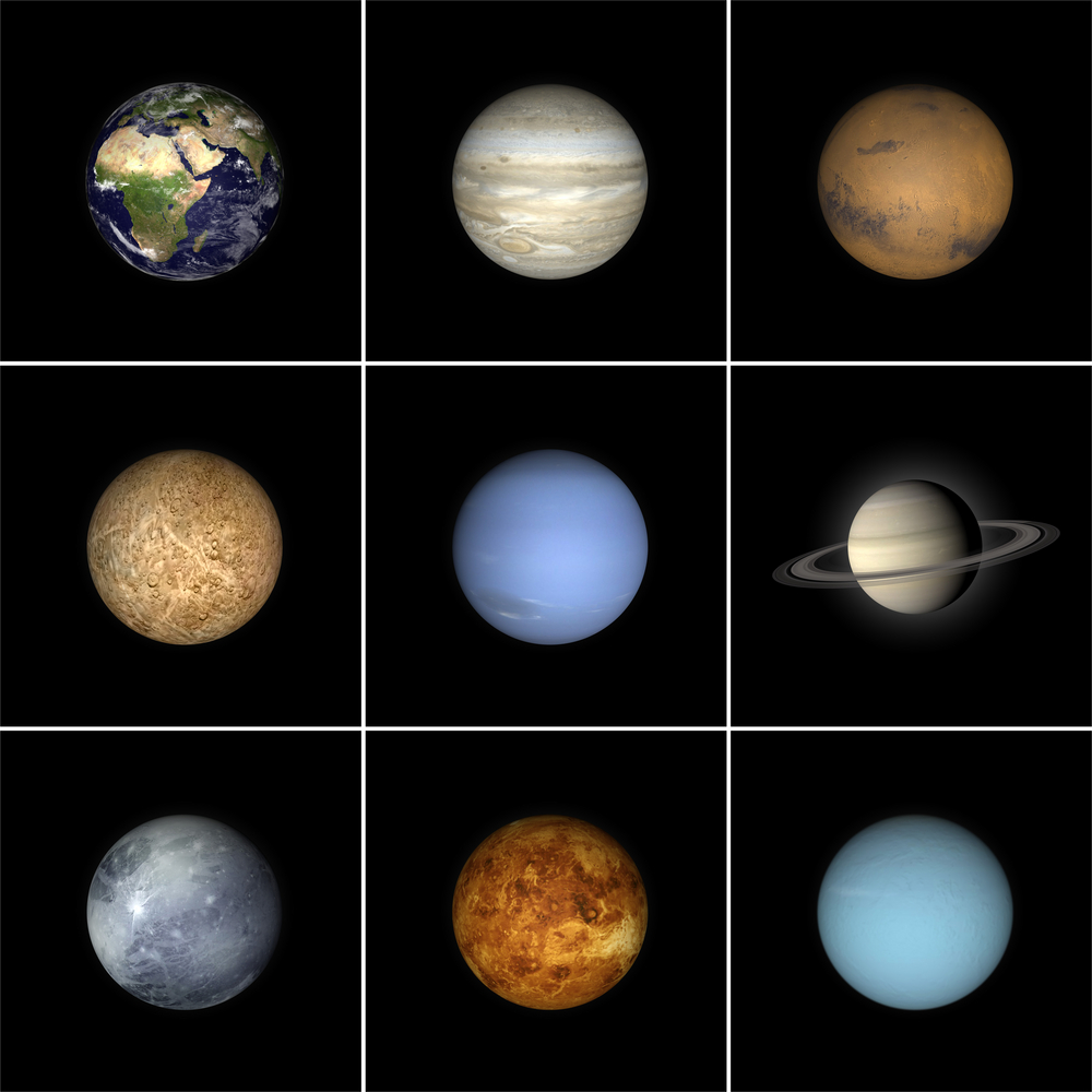 Grid image of the planets in our solar system.