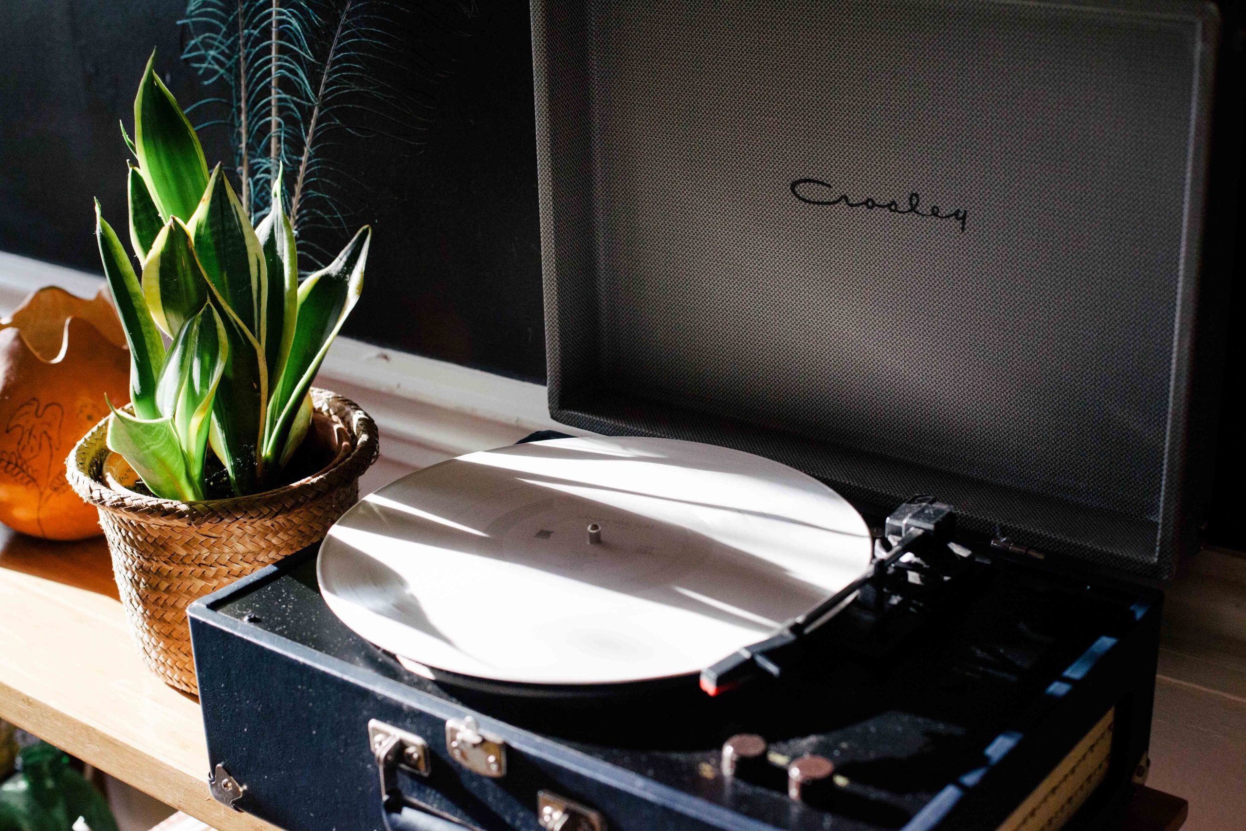 record player next to a plant